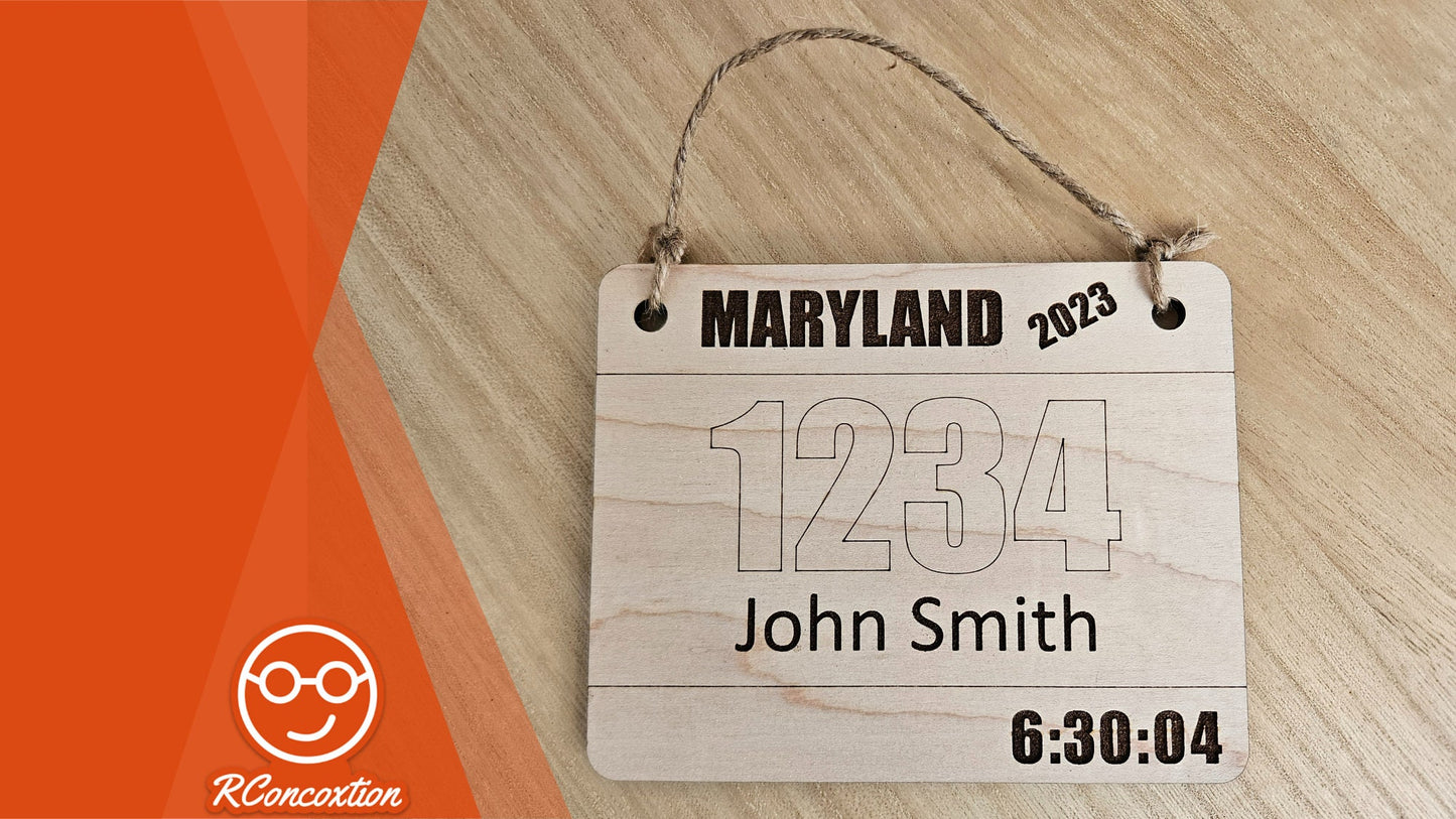Race Bib Ornament - Half Marathon Ornament - Wooden Race Ornament - Triathlon Race Ornament (any length of race) Personalized Race Bib