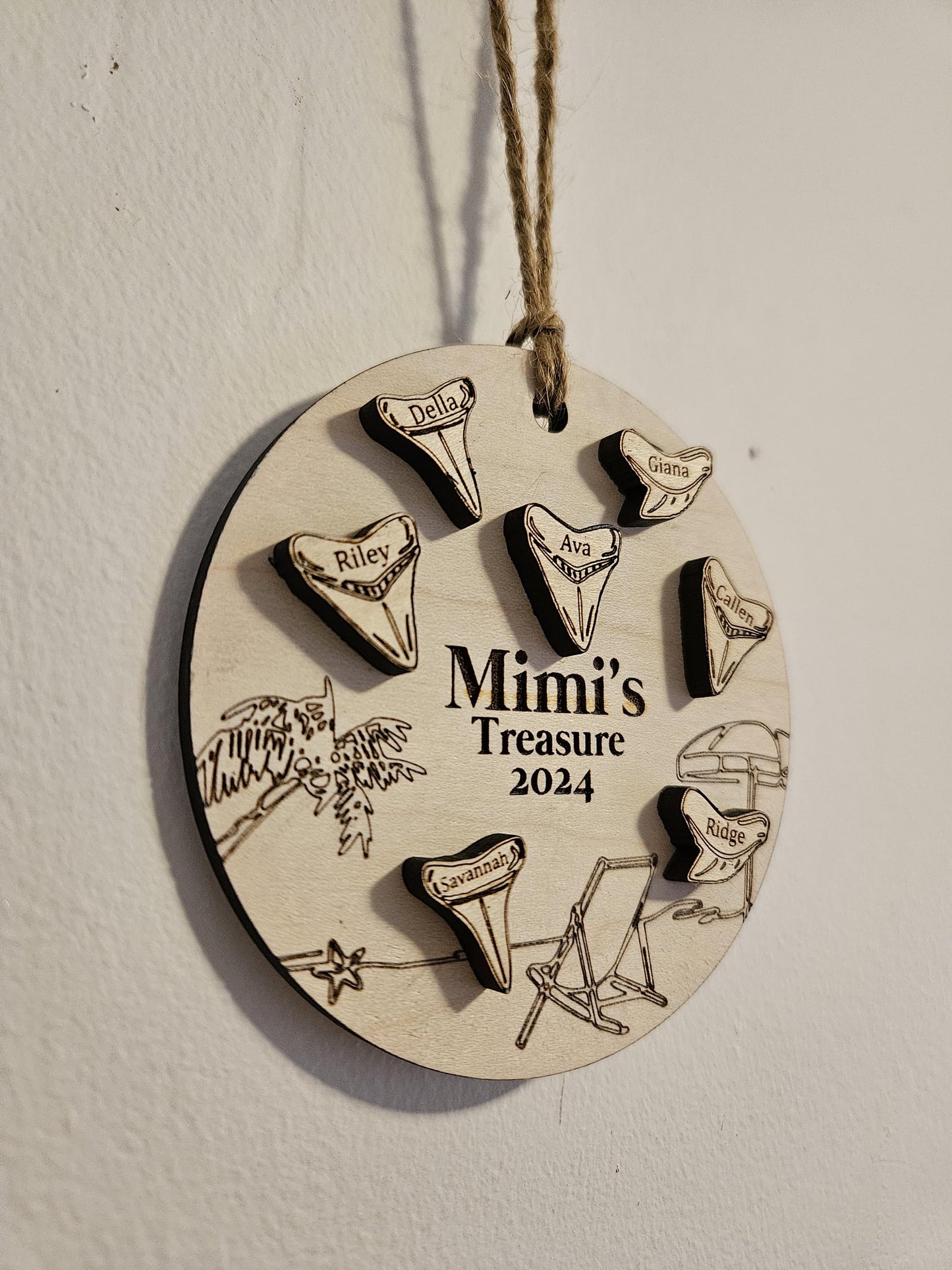 Personalized Wooden Shark Tooth Family Christmas Ornament | Beach Theme | Family Name