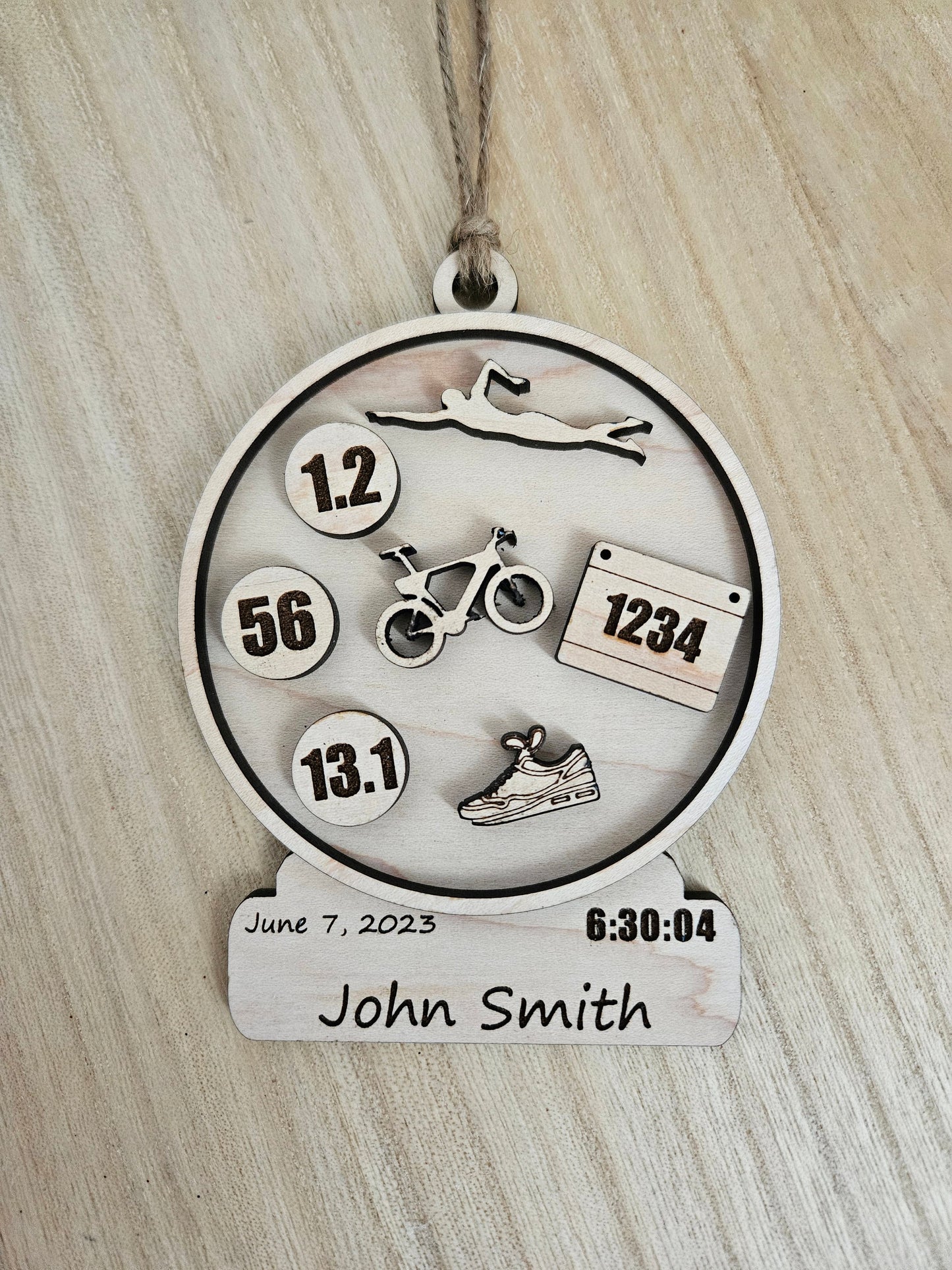 Personalized Race ornament, custom triathlon, marathon, race, commemorative ornament, Triathlon Wood Ornament